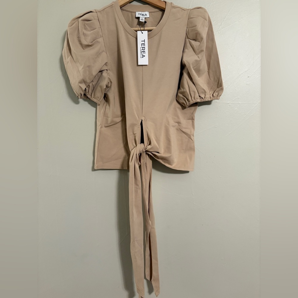 Tiera Tan Puff Sleeve Tie-Front Top